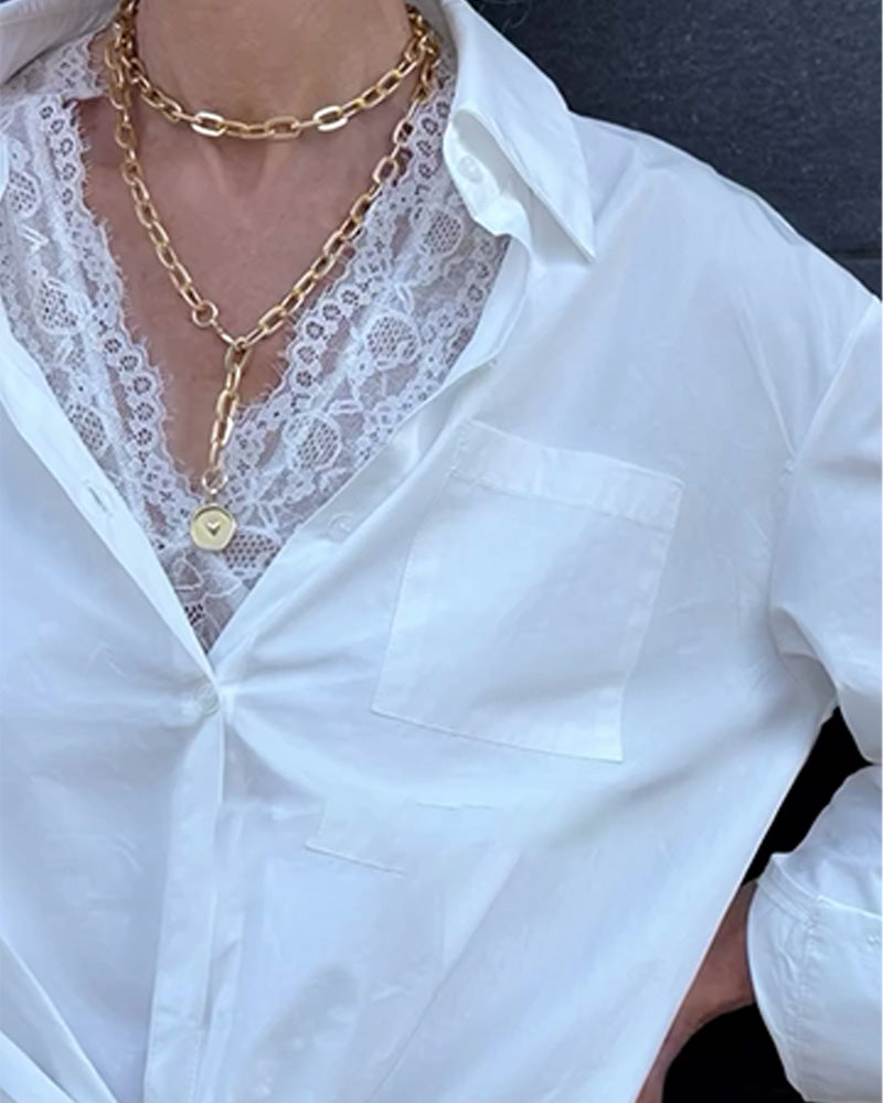 Lapel Solid Long-Sleeved Shirt And Lace Inner Set