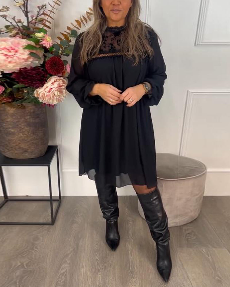 Lace Cutout Puff-Sleeve Elegant Dress