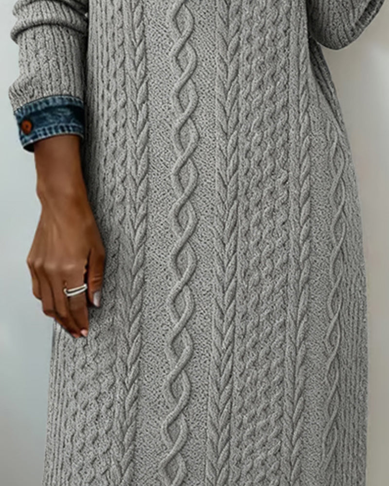 Denim cable knit patchwork collared dress