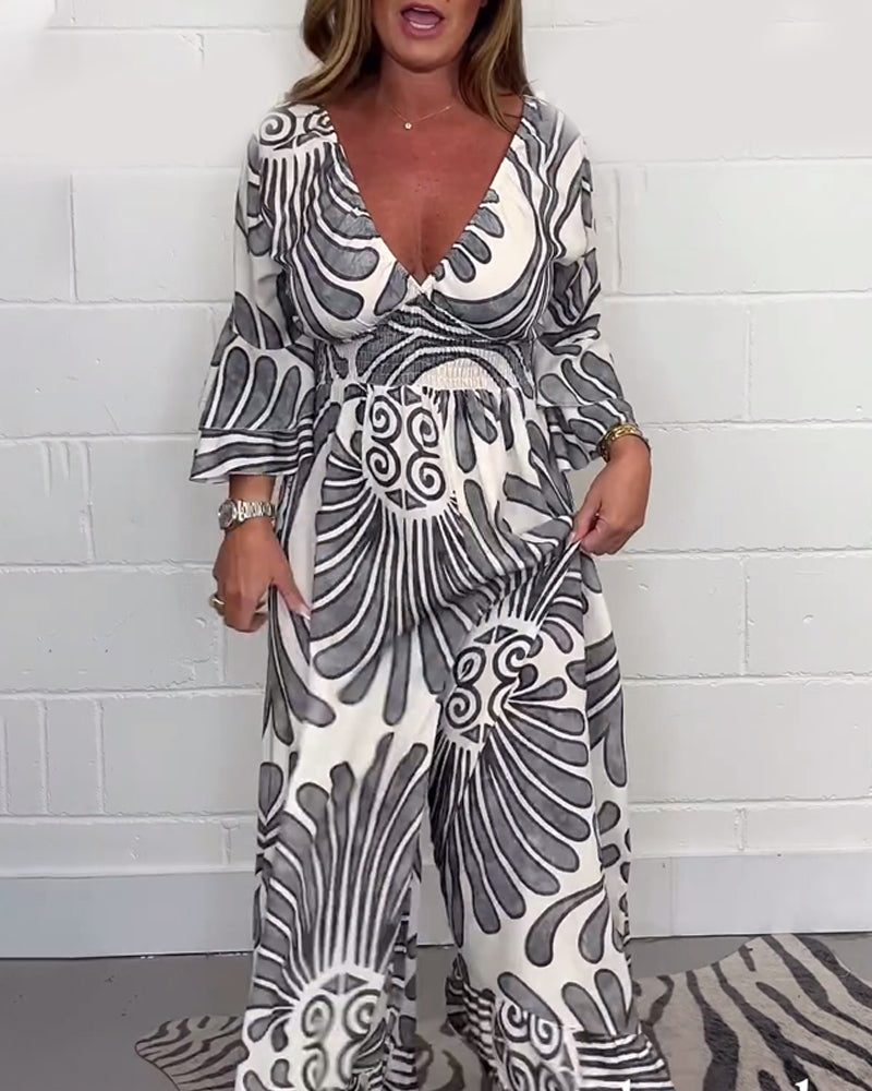 Deep V retro printed bell sleeve loose jumpsuit