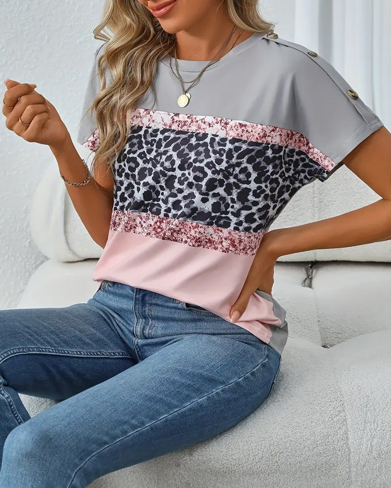Crew Neck Leopard Print Color Block T-Shirt