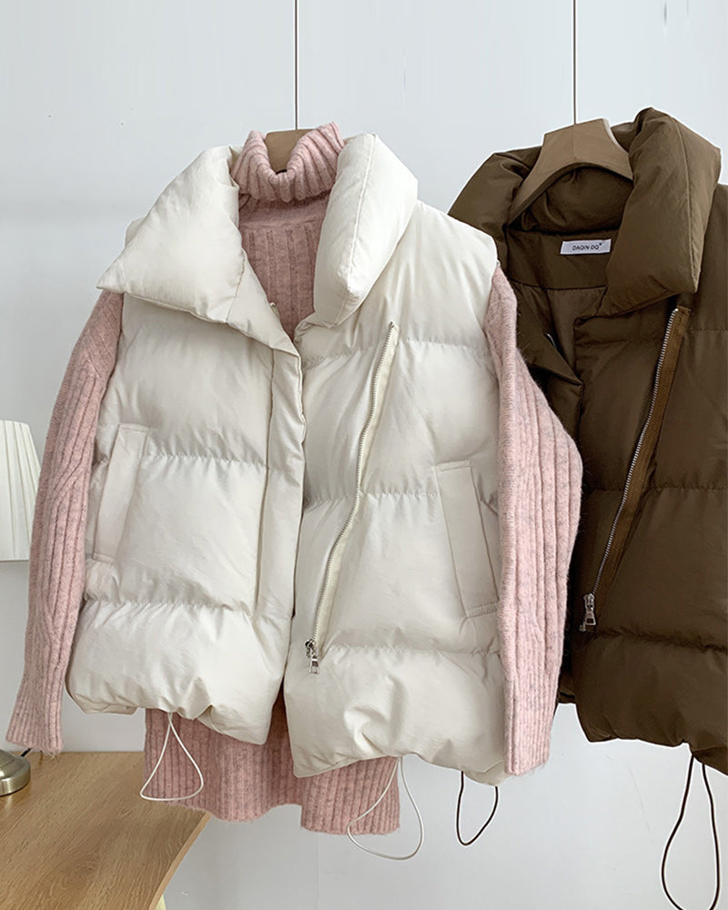 Simple solid color zipper pocket sleeveless padded jacket