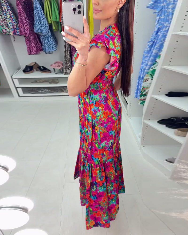 Colorful floral print V-neck elegant dress