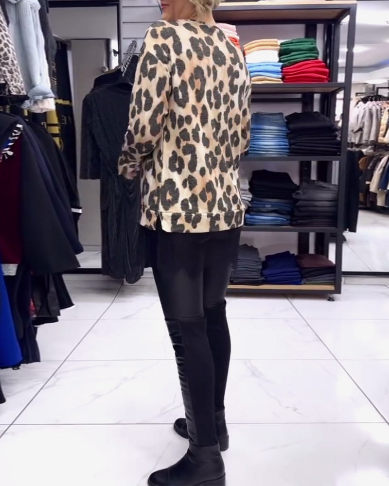 Casual V-Neck Leopard Print Lace Panel Blouse