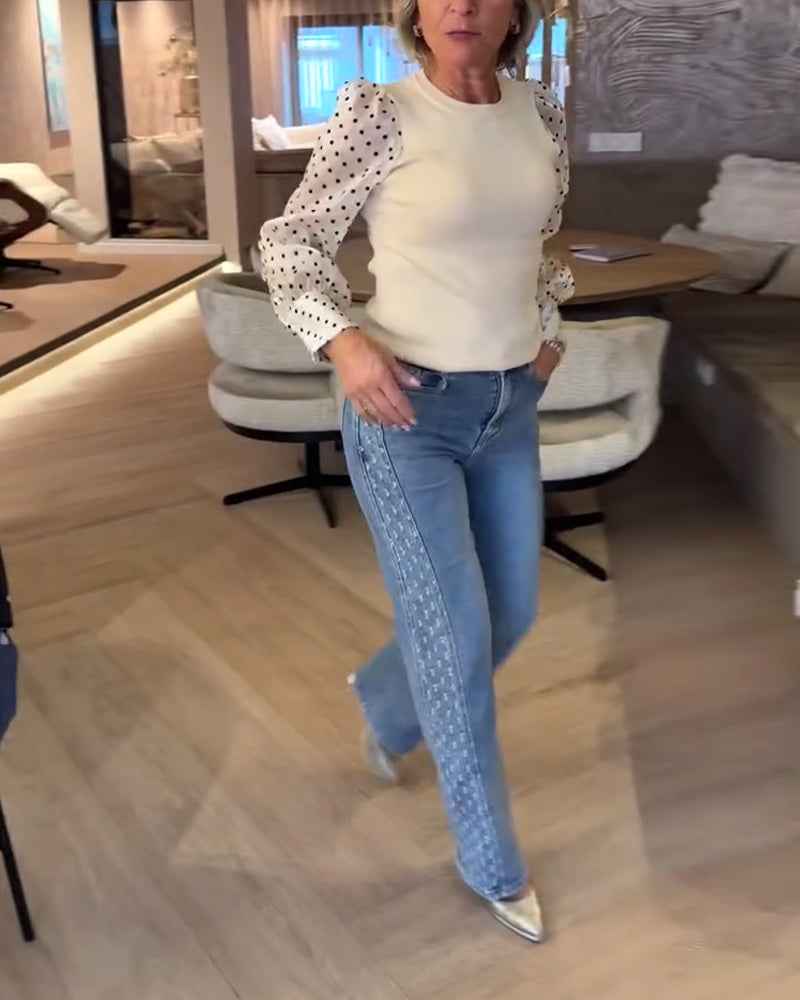 Polka Dot Lantern Sleeve Patchwork Blouse