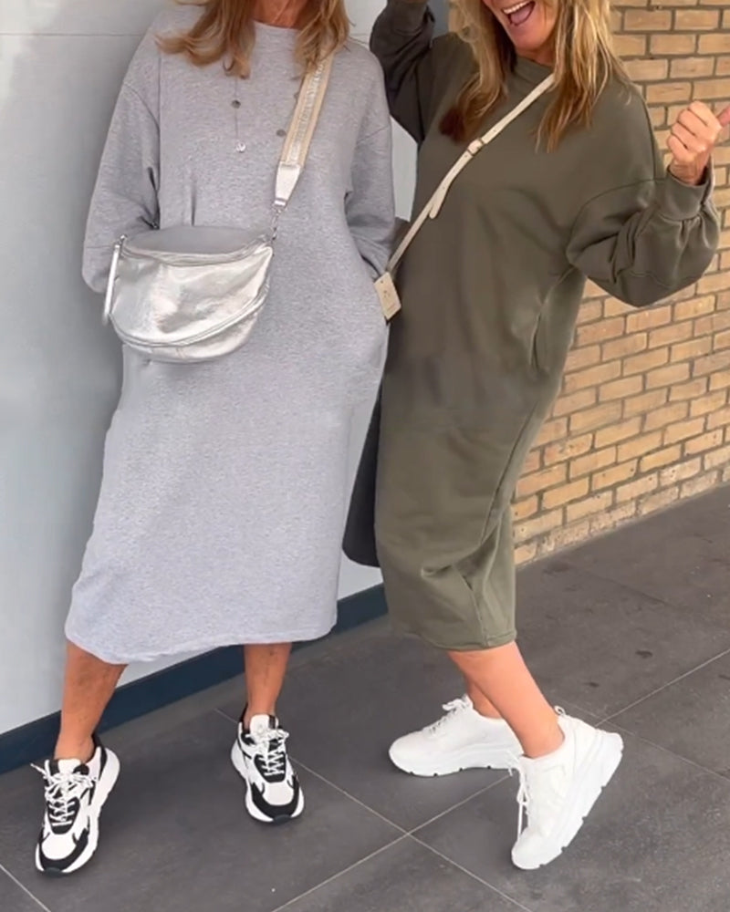 Plain crew neck pocket dress