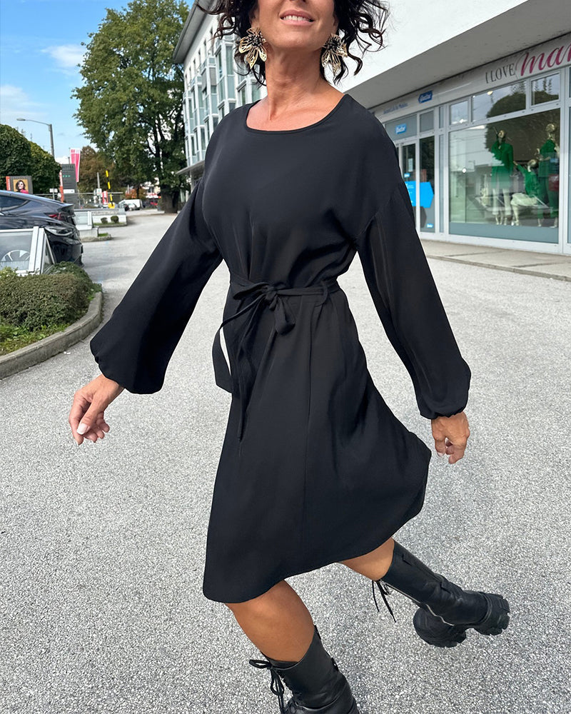 Round neck tie solid color dress