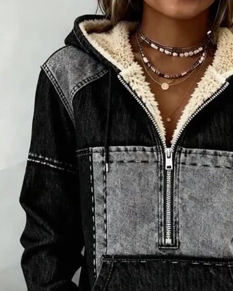 Retro Color-Block Fleece-Lined Hoodie