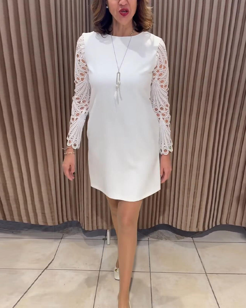 Lace-Trimmed Long-Sleeved Round Neck Dress