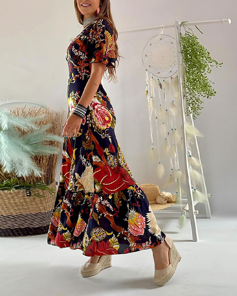 Elegant printed v-neck short sleeve dress
