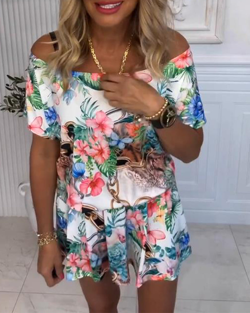 Plant and Flower Patterns, Off-the-Shoulder Jumpsuit