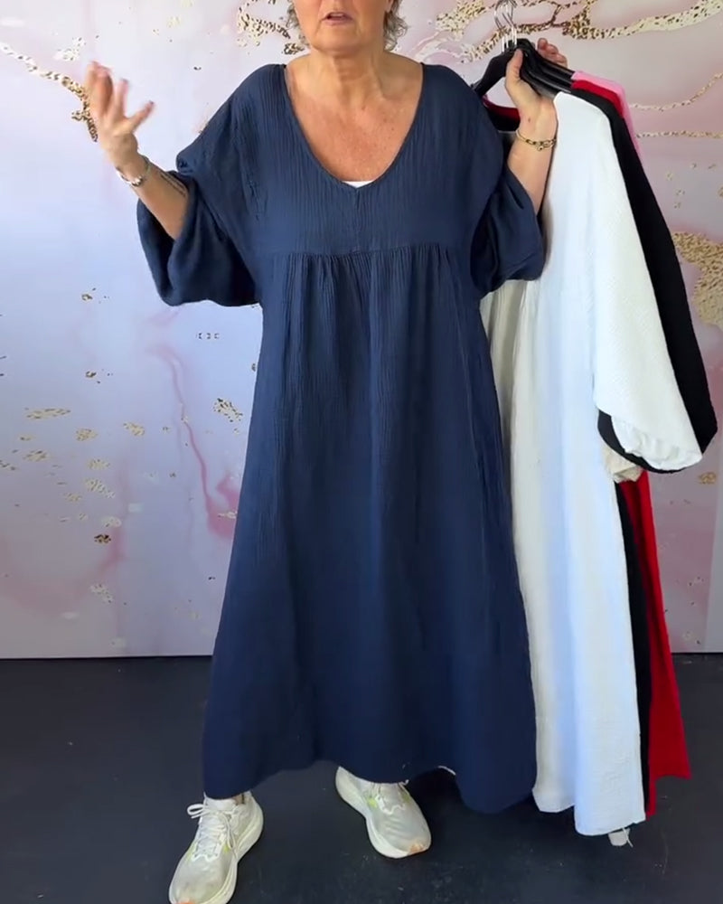 Forest Style V-Neck Pleated Solid Color Dress