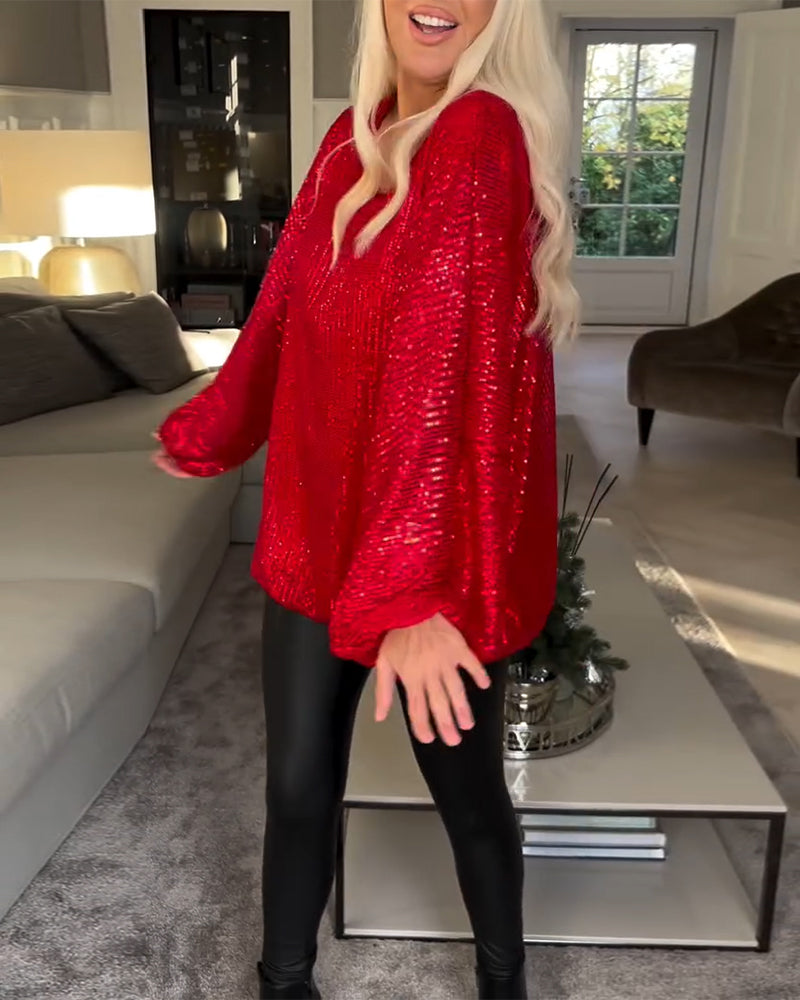 Balloon sleeve round neck sequin top