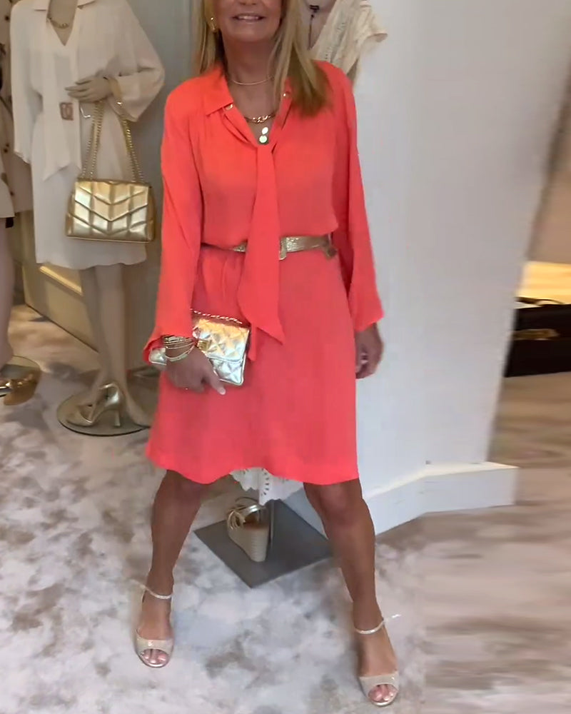 Lapel solid color ribbon dress