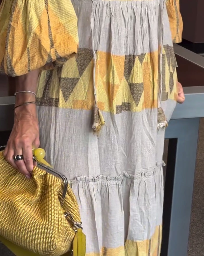 Printed bell sleeves V-neck loose dress