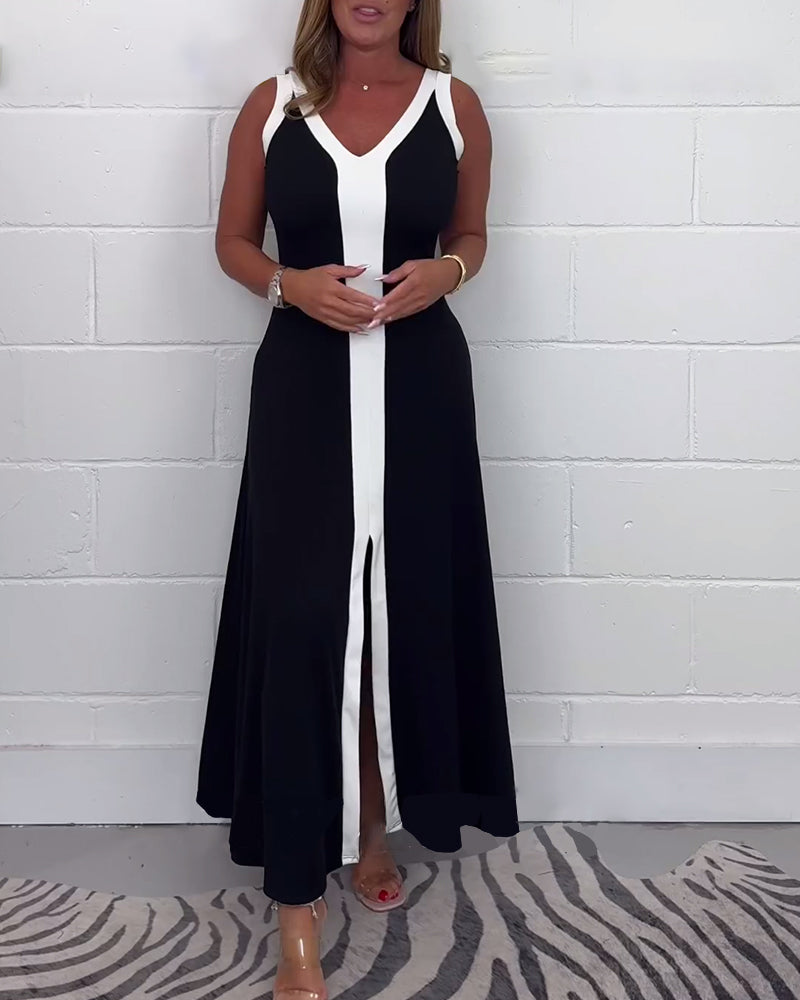 Sleeveless colorblock slit dress