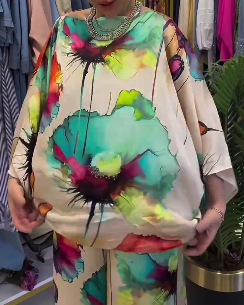 Lotus print one-shoulder three-quarter sleeve set