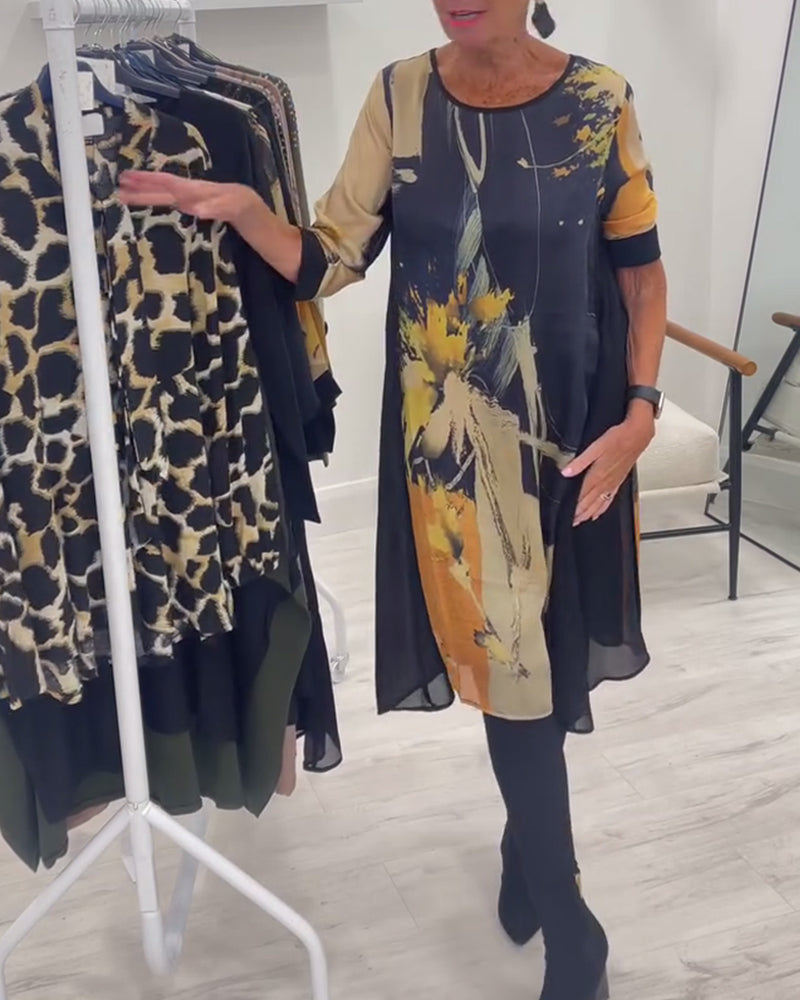 Round Neck Retro Print Dress