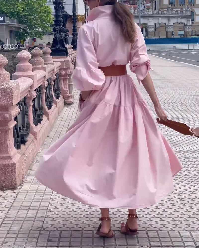 Solid color lapel wide swing dress