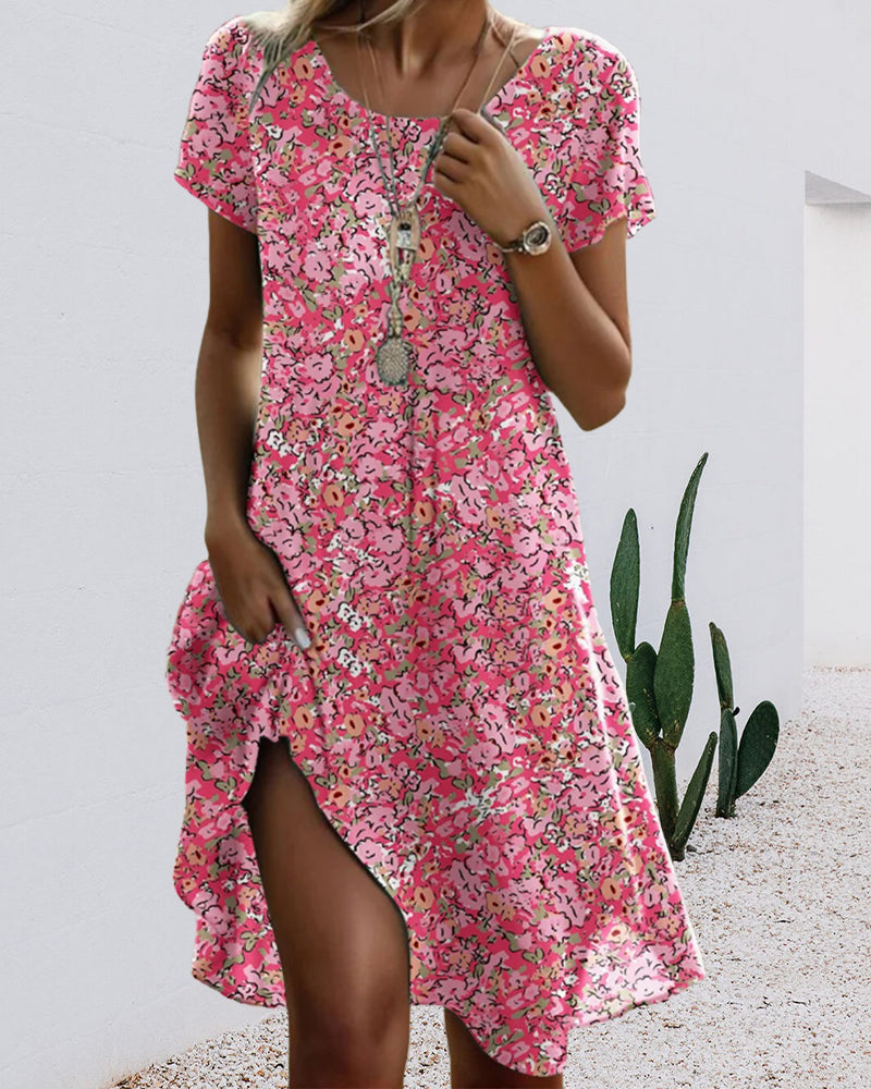 Round Neck Short Sleeve Floral Print Dress