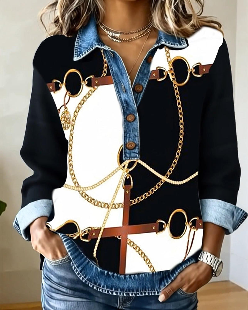 Denim Patchwork Chain Print Sweatshirt