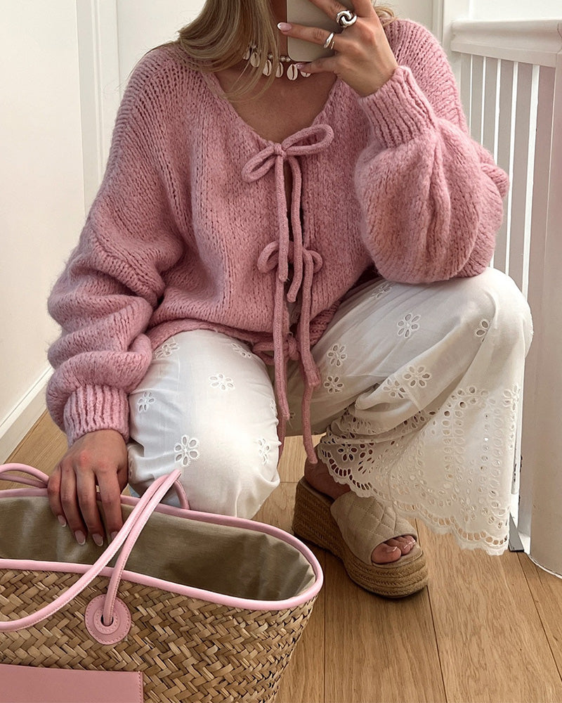 Lazy style solid color lace-up cardigan