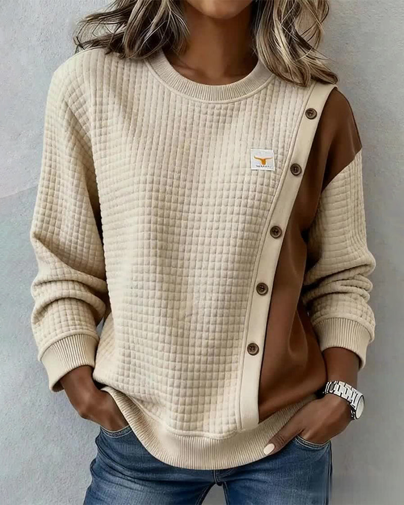 Long-Sleeved Waffle Color-Blocked Sweatshirt