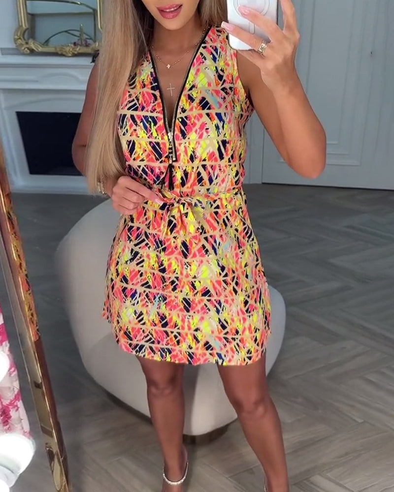 Half-Zip Sleeveless Floral Dress