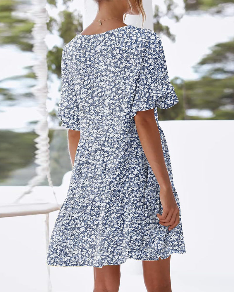 Ruffled sleeves V-neck floral print dress