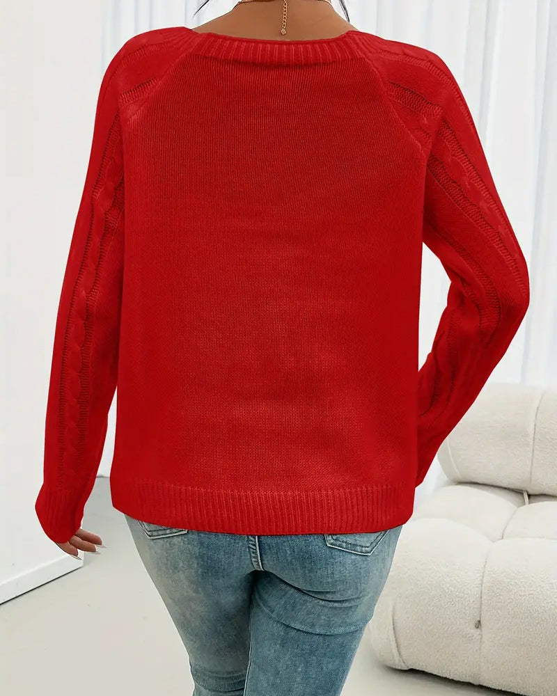 Solid Raglan Sleeve Buckle Cable Knit Sweater