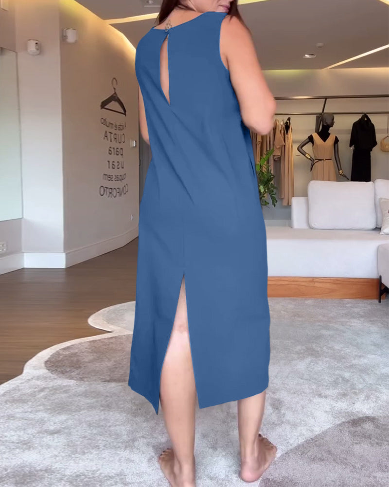 Casual V-neck Sleeveless Solid Color Split Dress