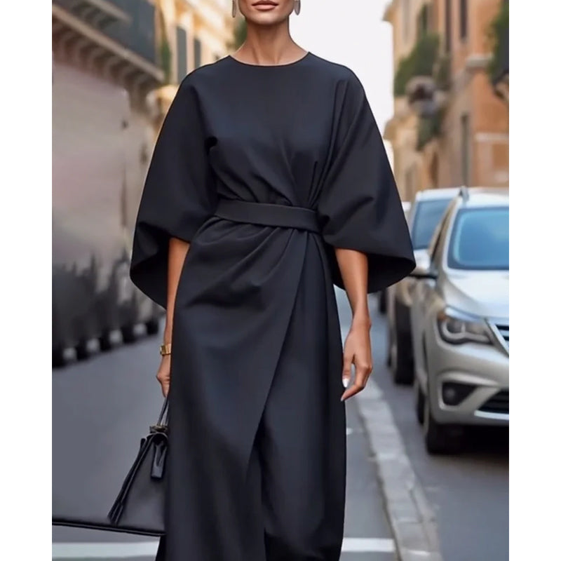 Elegant Lantern Sleeve Belt Dress
