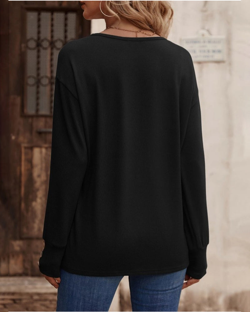 Solid color v neck button long sleeve top