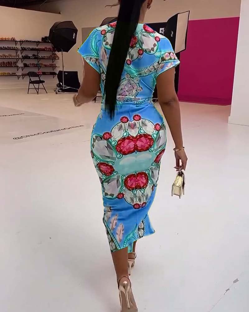 Deep V slit waist printed dress