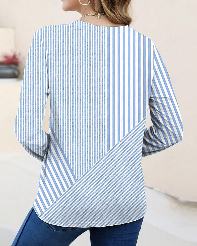 Round Neck Three-Quarter Sleeve Striped T-Shirt