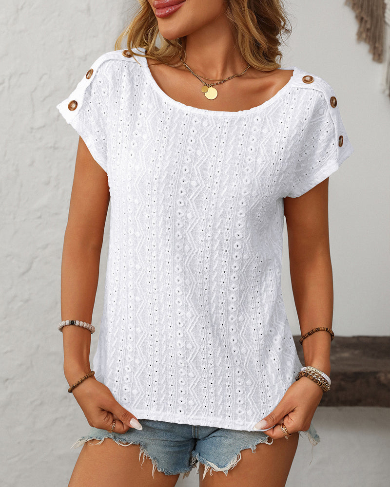 Round Neck Button Cutout Short Sleeve Blouse