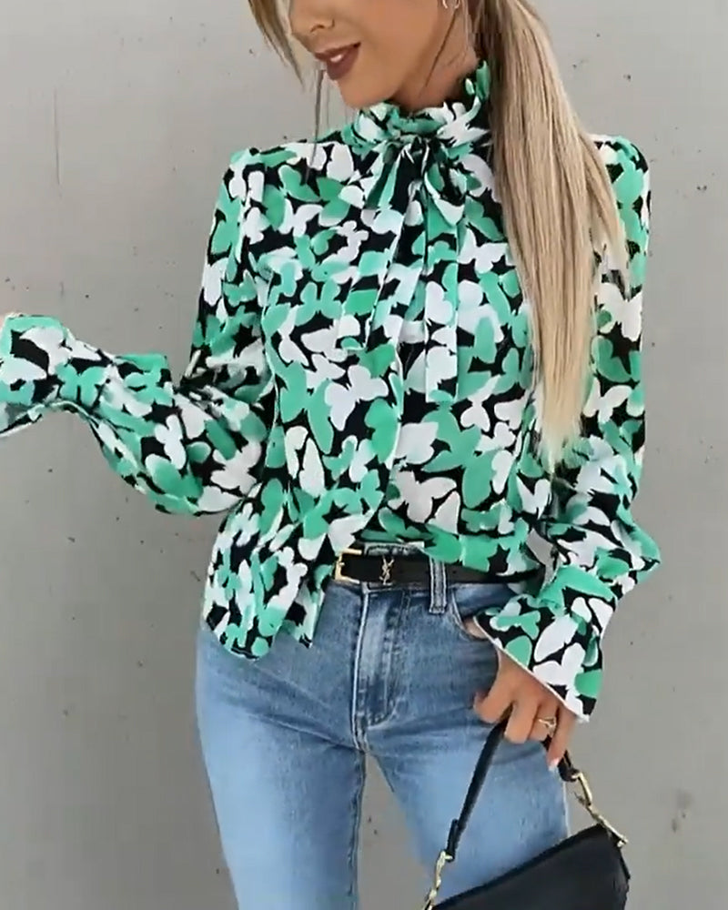 Butterfly print stand collar long sleeve shirt