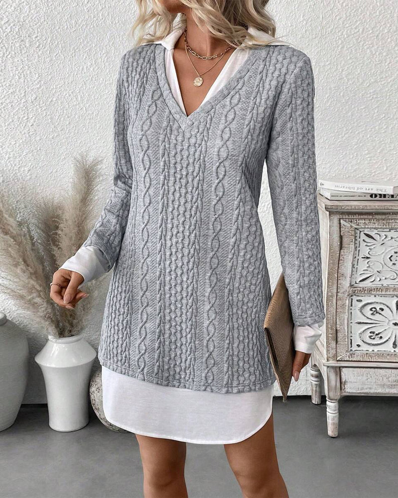 Shirt-Collar Fake Two-Piece Knit Dress