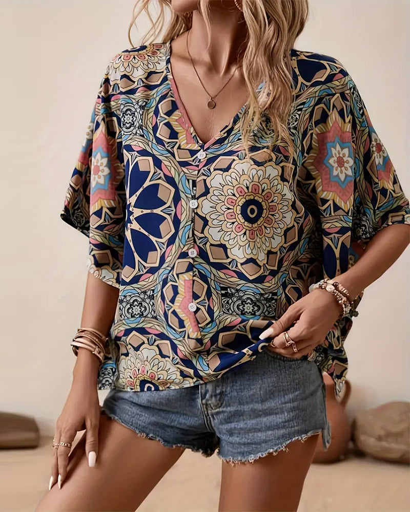 Retro printed V-neck button half sleeve blouse