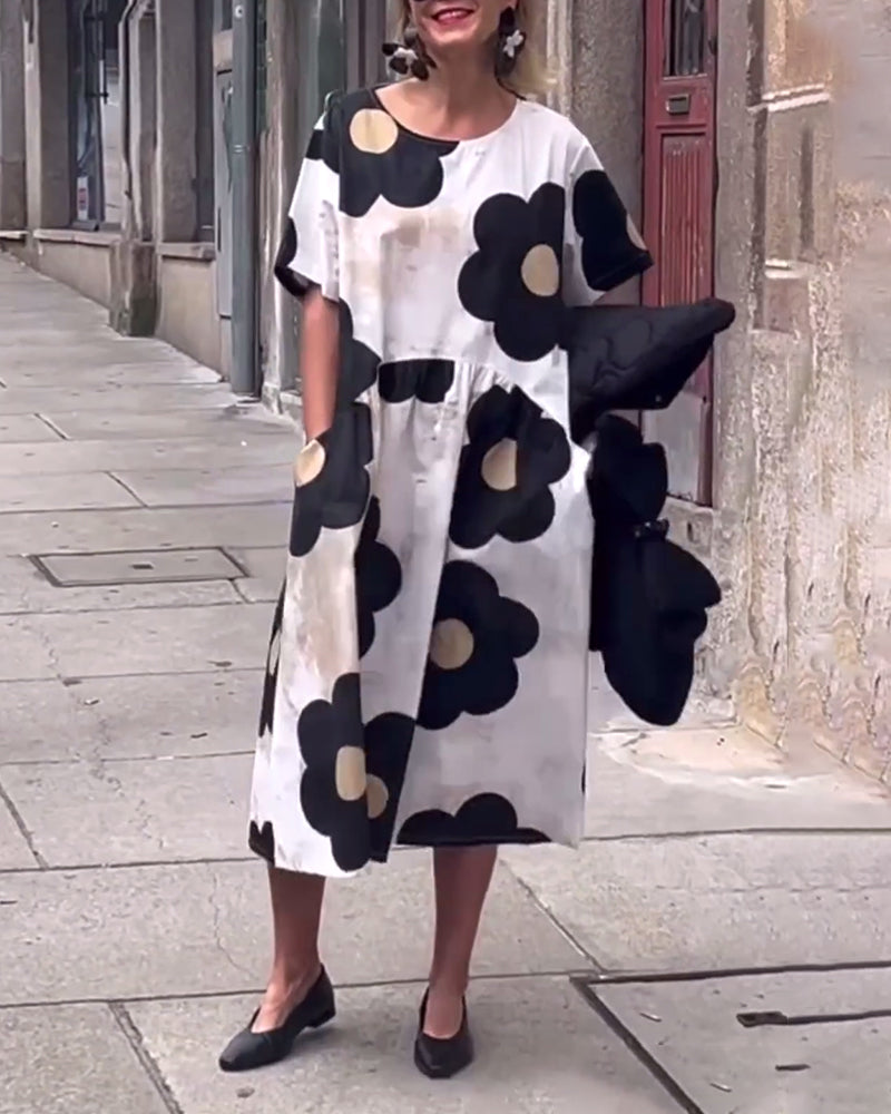 Floral print crew neck pocket loose dress