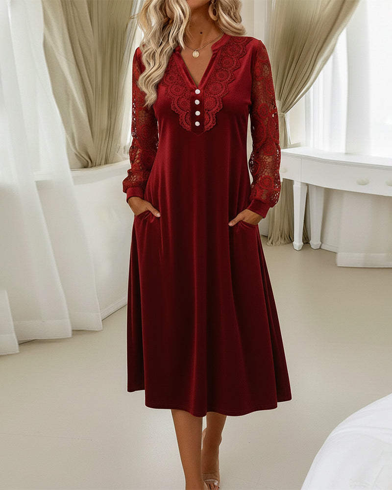 Lace Long-Sleeved V-Neck Velvet Dress