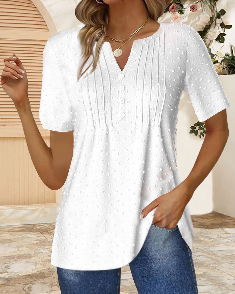 Simple solid color jacquard V-neck short-sleeved top
