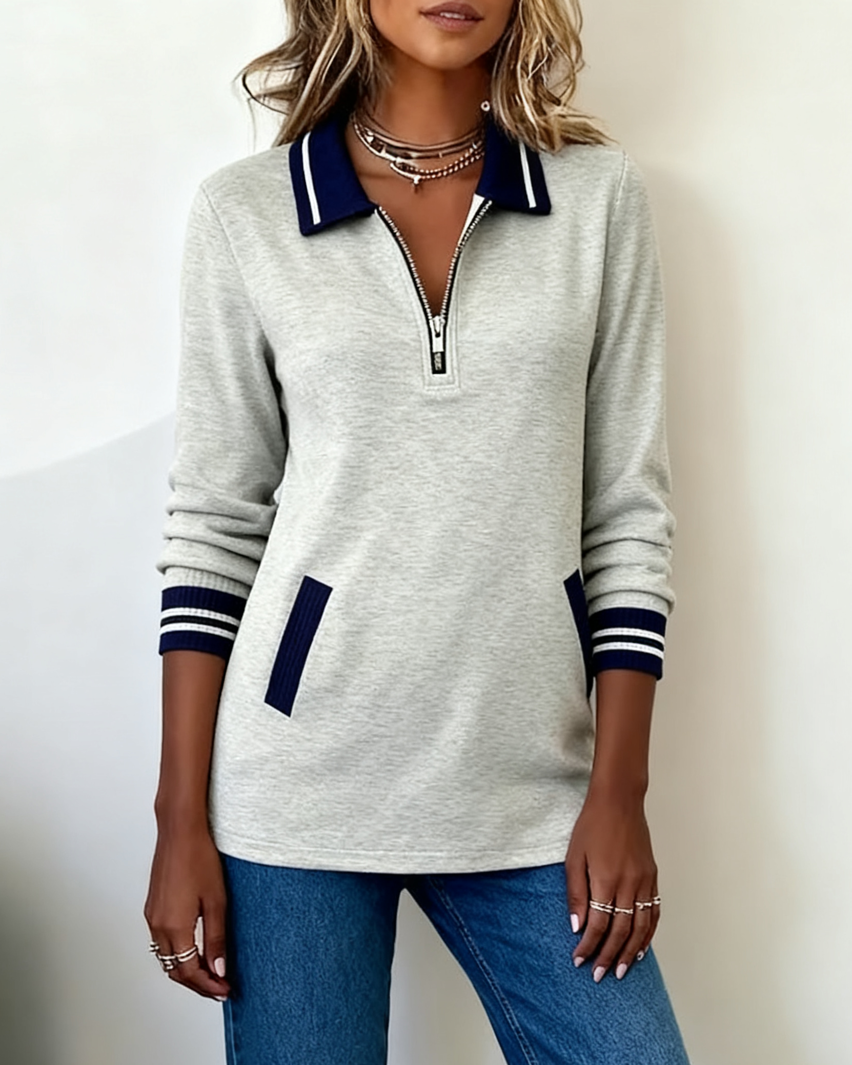 Lapel Zipper Contrast Color Loose Sweatshirt