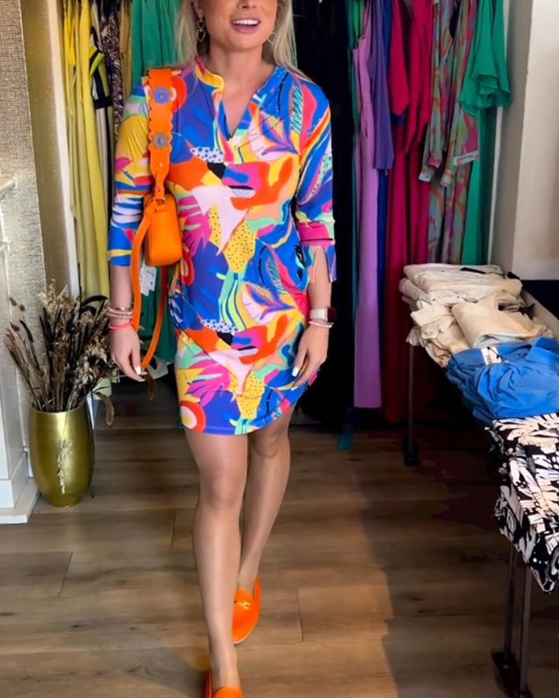 Colorful printed v-neck dress