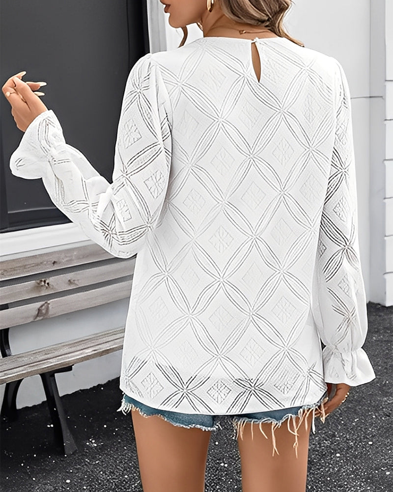 Hollow-Out Round Neck Long-Sleeved Blouse