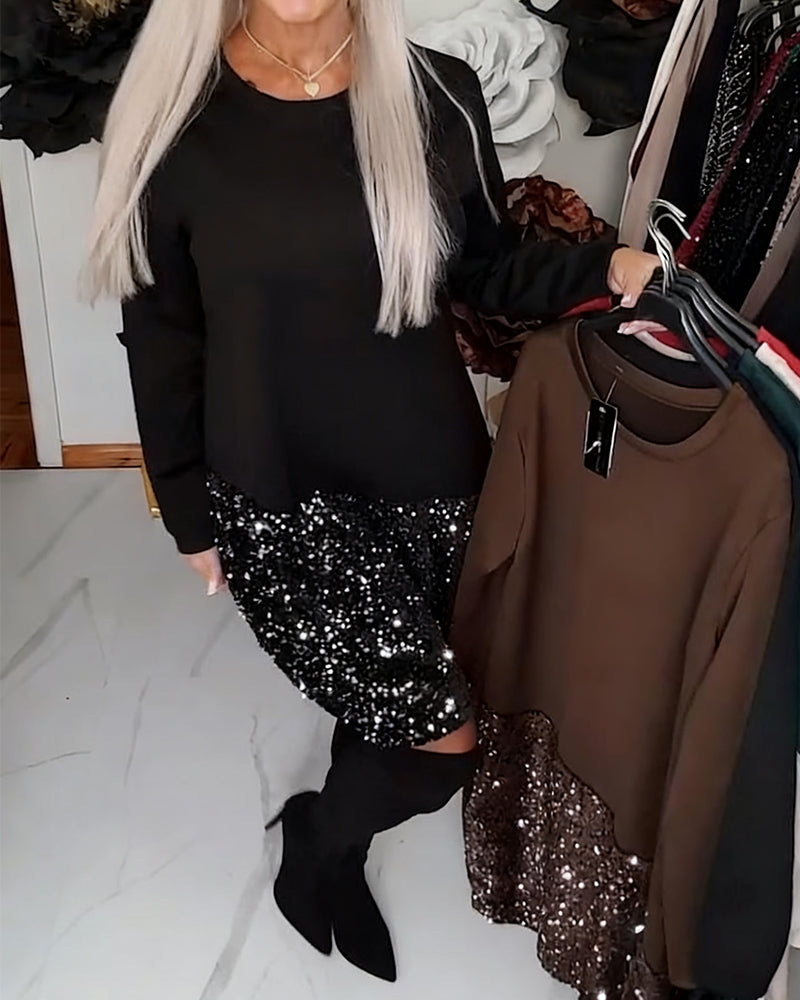 Round Neck Long-Sleeved Sequined Patchwork Dress