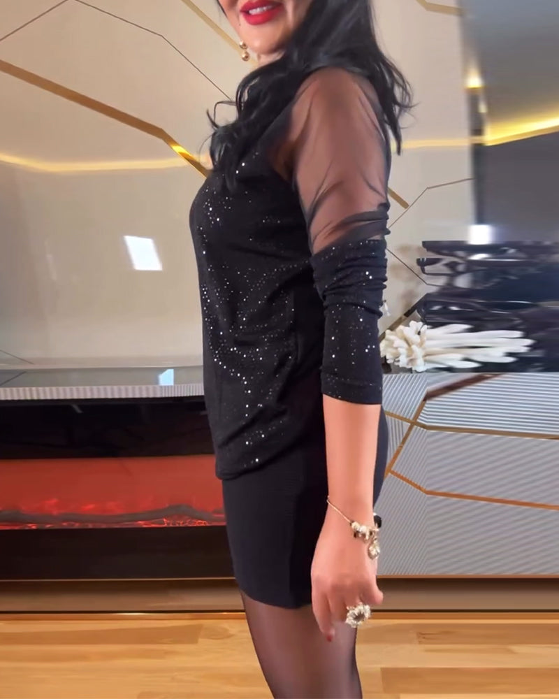 Sexy V-Neck Mesh And Solid Color Sequin Top