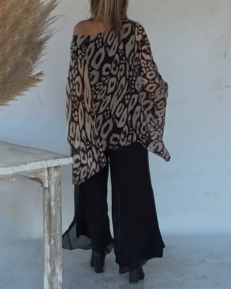 Irregular Bat Print Long-Sleeved Blouse