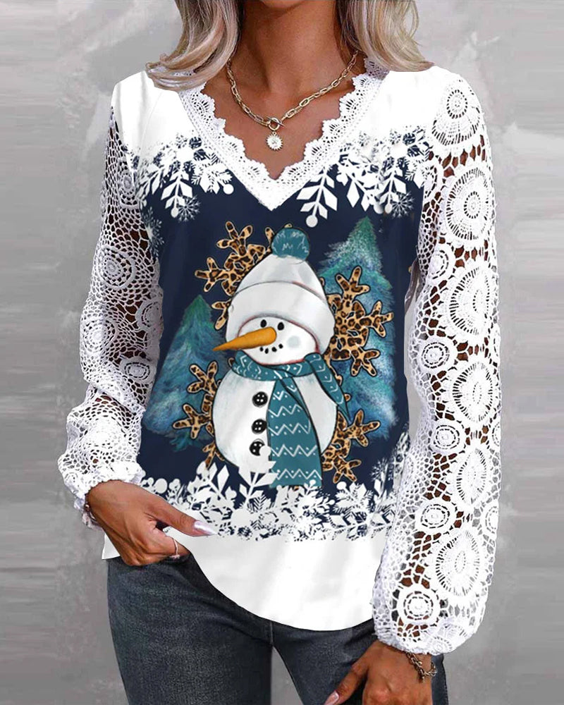 Lace snowman long-sleeve blouse