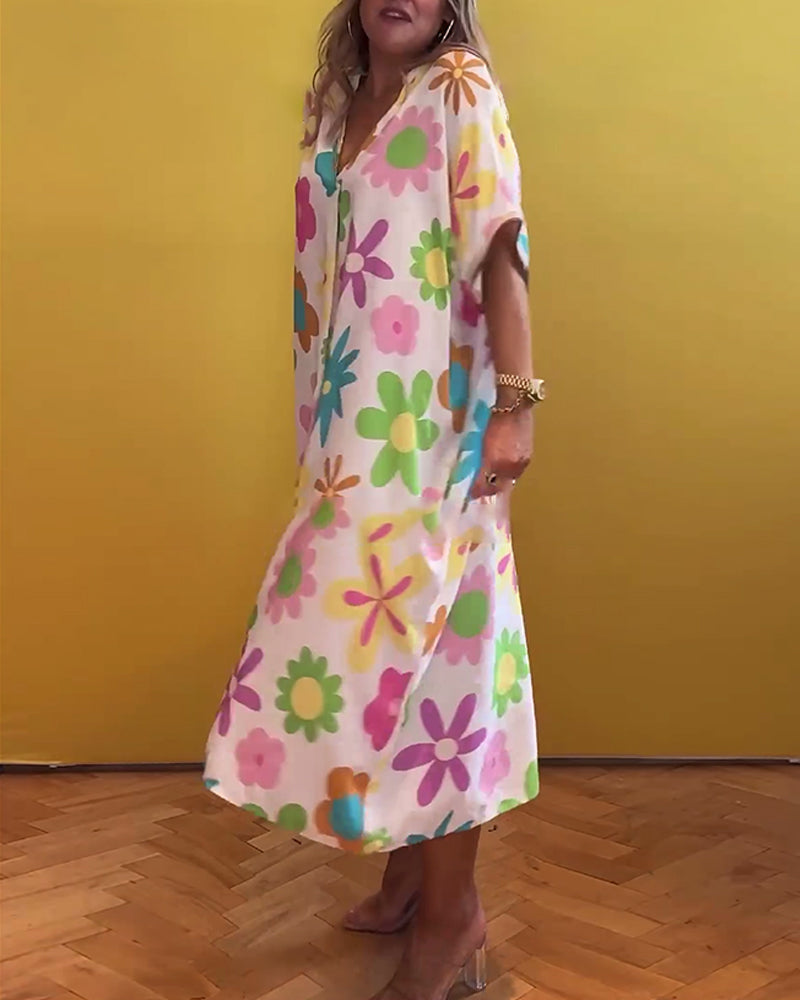 Loose V-neck floral print dress